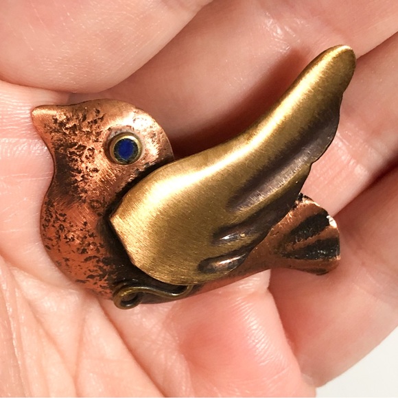 Artisan-style mixed metal bird brooch copper brass lapis? eyes - Picture 3 of 8